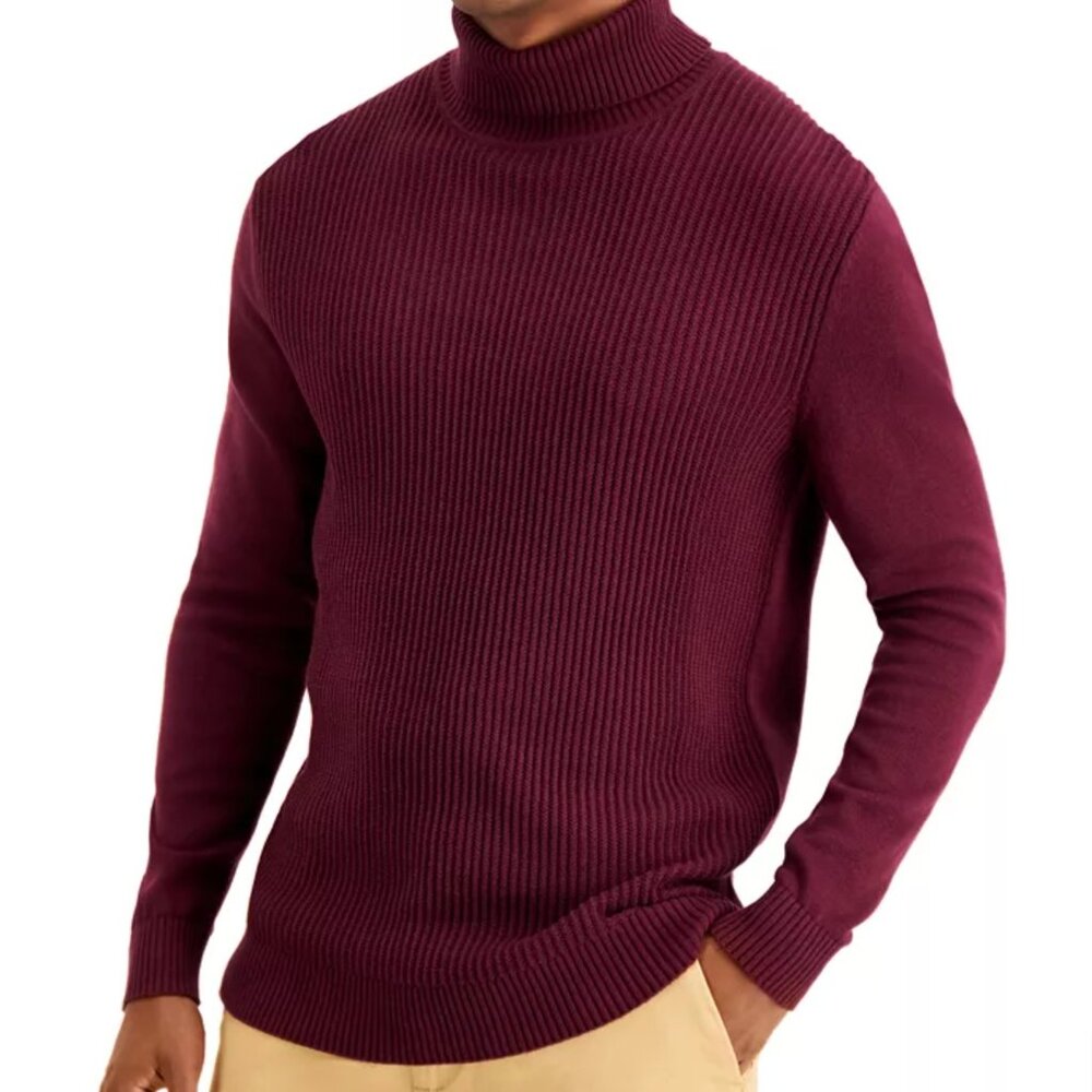 Club Room Mens Textured Cotton Turtleneck Sweater Red Plum